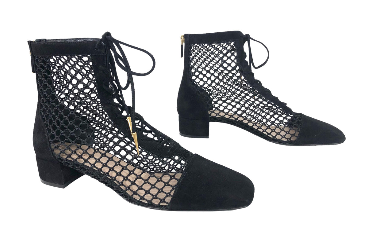 Christian Dior Black/Gold Suede Fishnet Naughtily-D Ankle Boots Size 7/37.5  - Yoogi's Closet