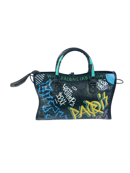 Agneu Graffiti All Over Classic Small Black Handbag