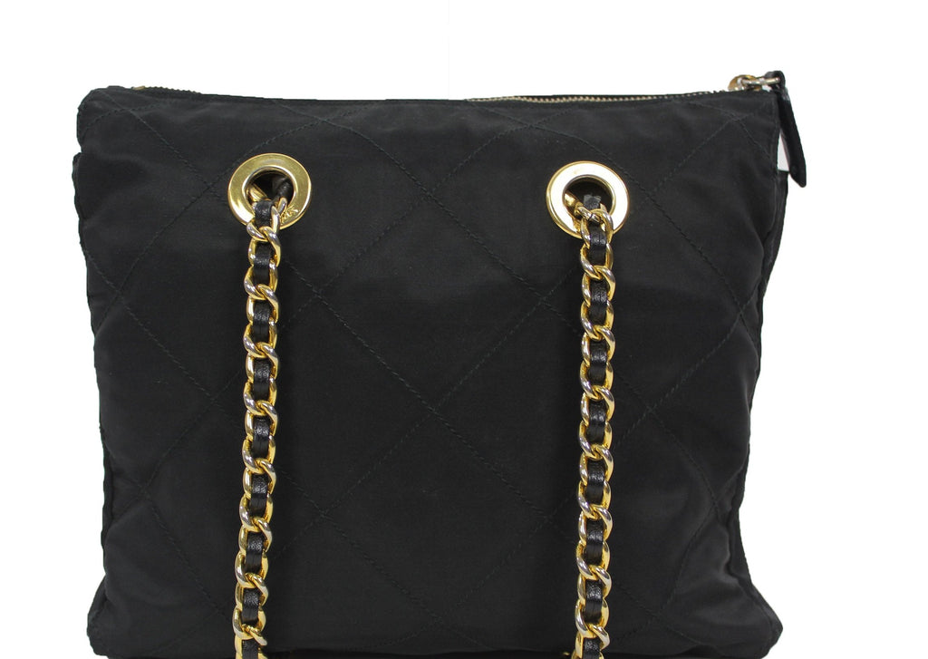 Prada Black Tessuto Nylon Gold Chain Quilted Convertible Tote Bag