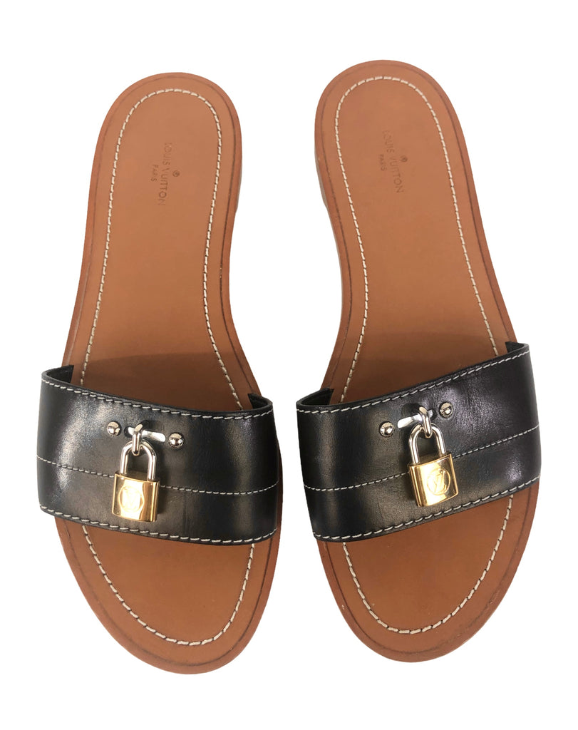Louis Vuitton Black Leather Lock It Slide Sandals Size 38 Louis