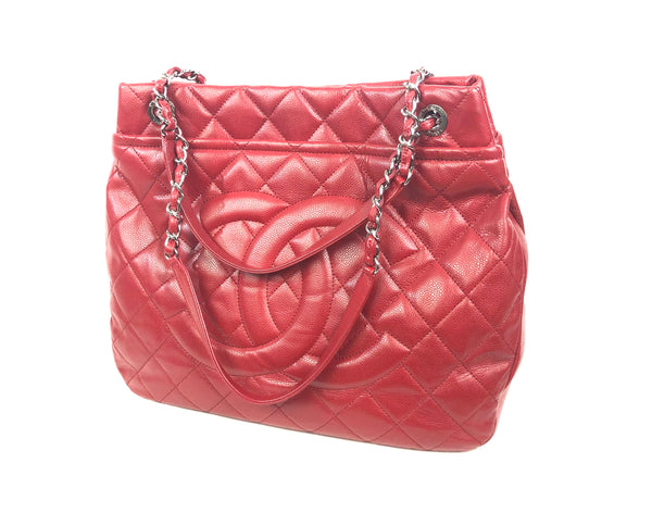 Red Soft Caviar Quilted Timeless CC Shopping Tote Large